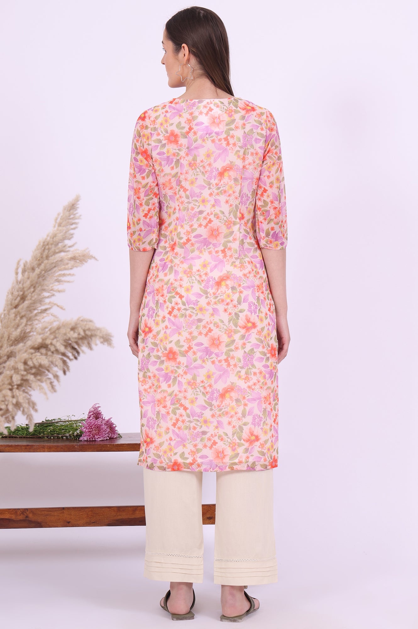 Orange Printed Straight Georgette Kurta