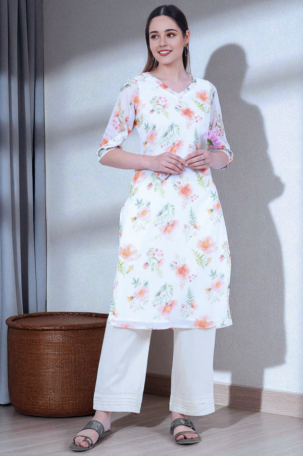 Yellow Printed Straight Georgette Kurta