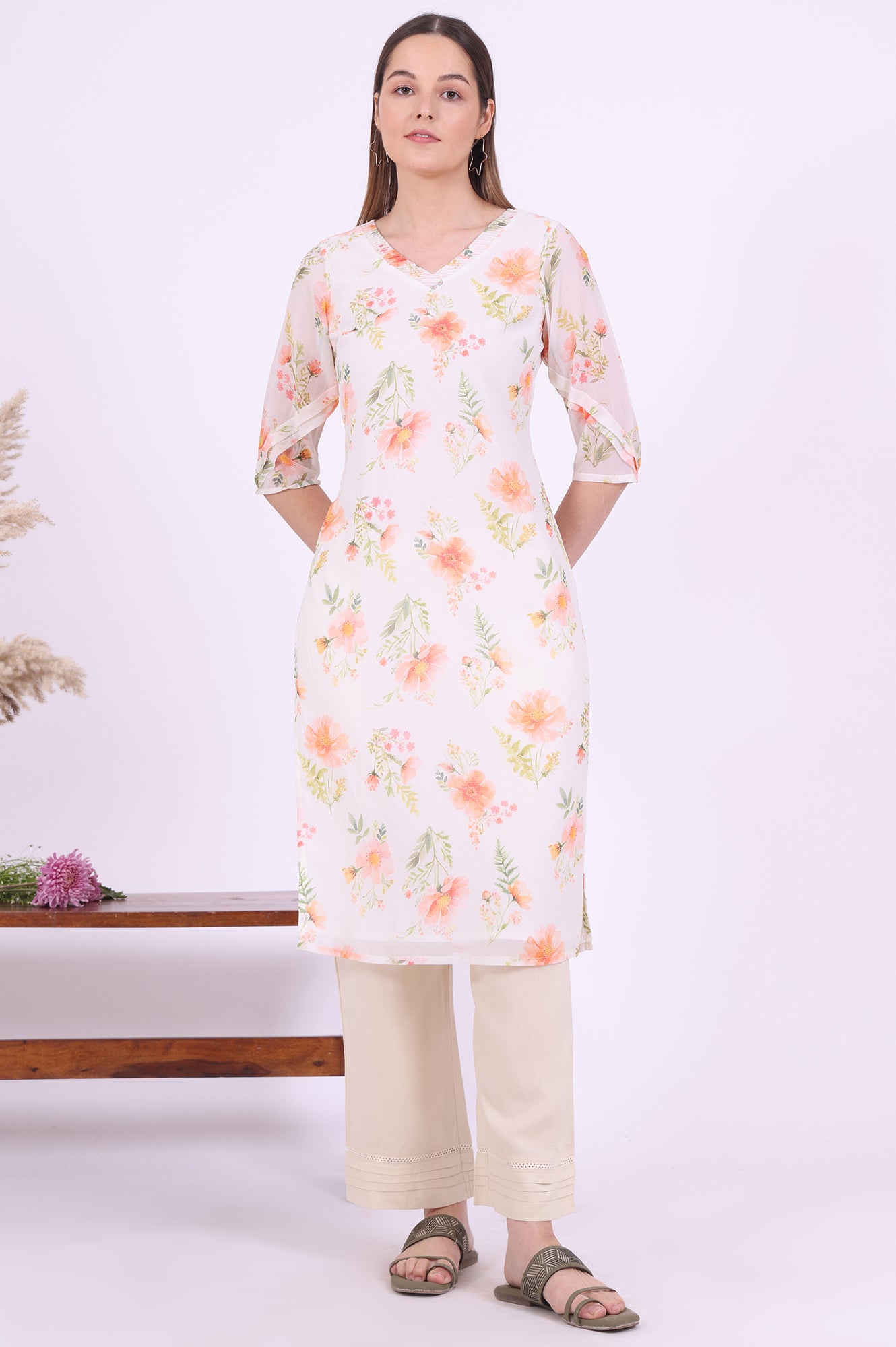 Yellow Printed Straight Georgette Kurta