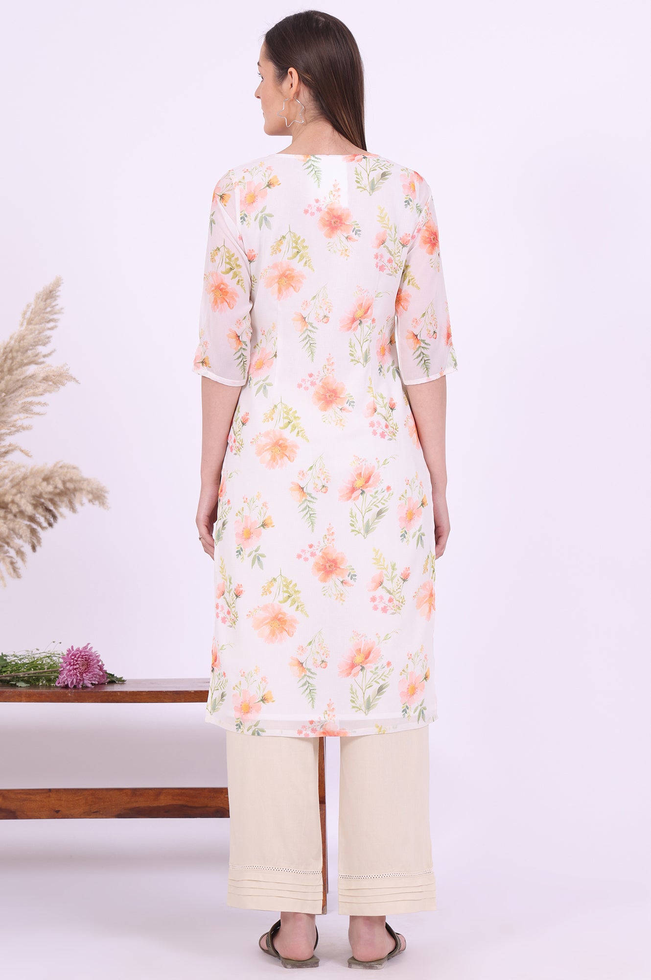 Yellow Printed Straight Georgette Kurta