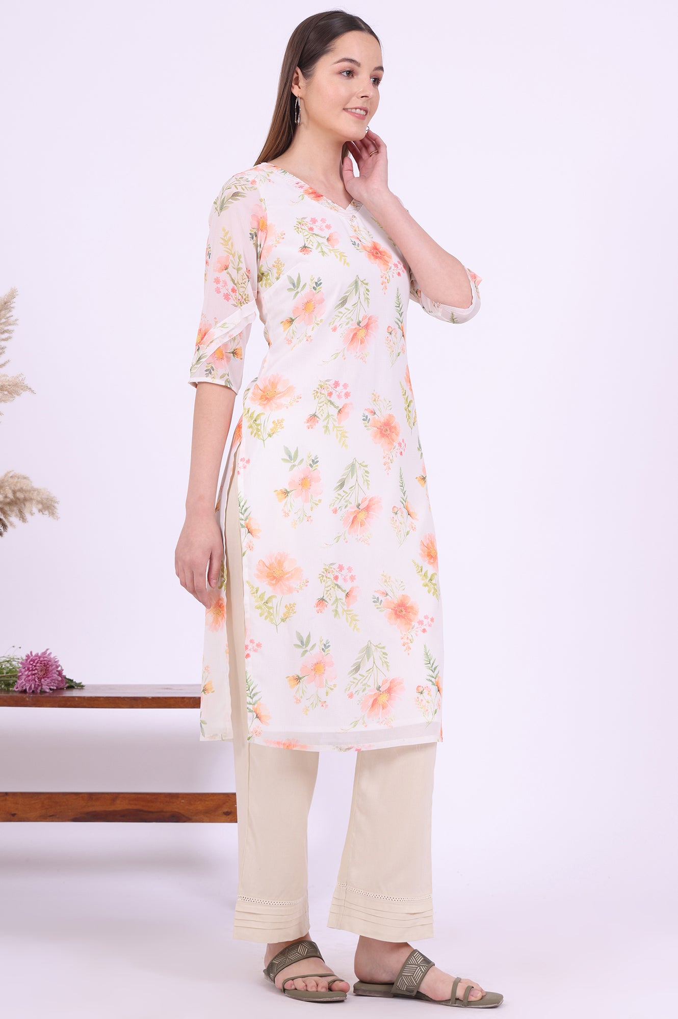 Yellow Printed Straight Georgette Kurta