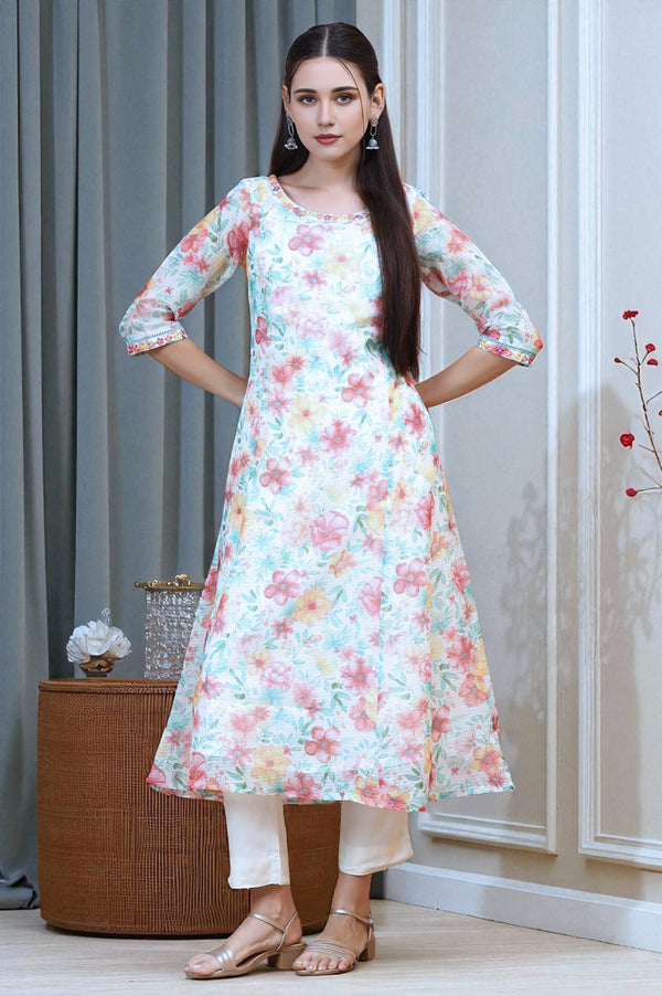 Off-White Floral Printed Kota Anarkali Kurta with Embroidered Neck