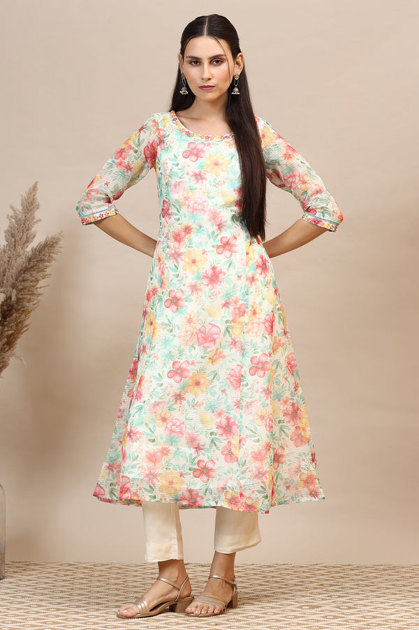 Off-White Floral Printed Kota Anarkali Kurta with Embroidered Neck