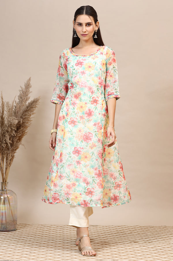 Off-White Floral Printed Kota Anarkali Kurta with Embroidered Neck