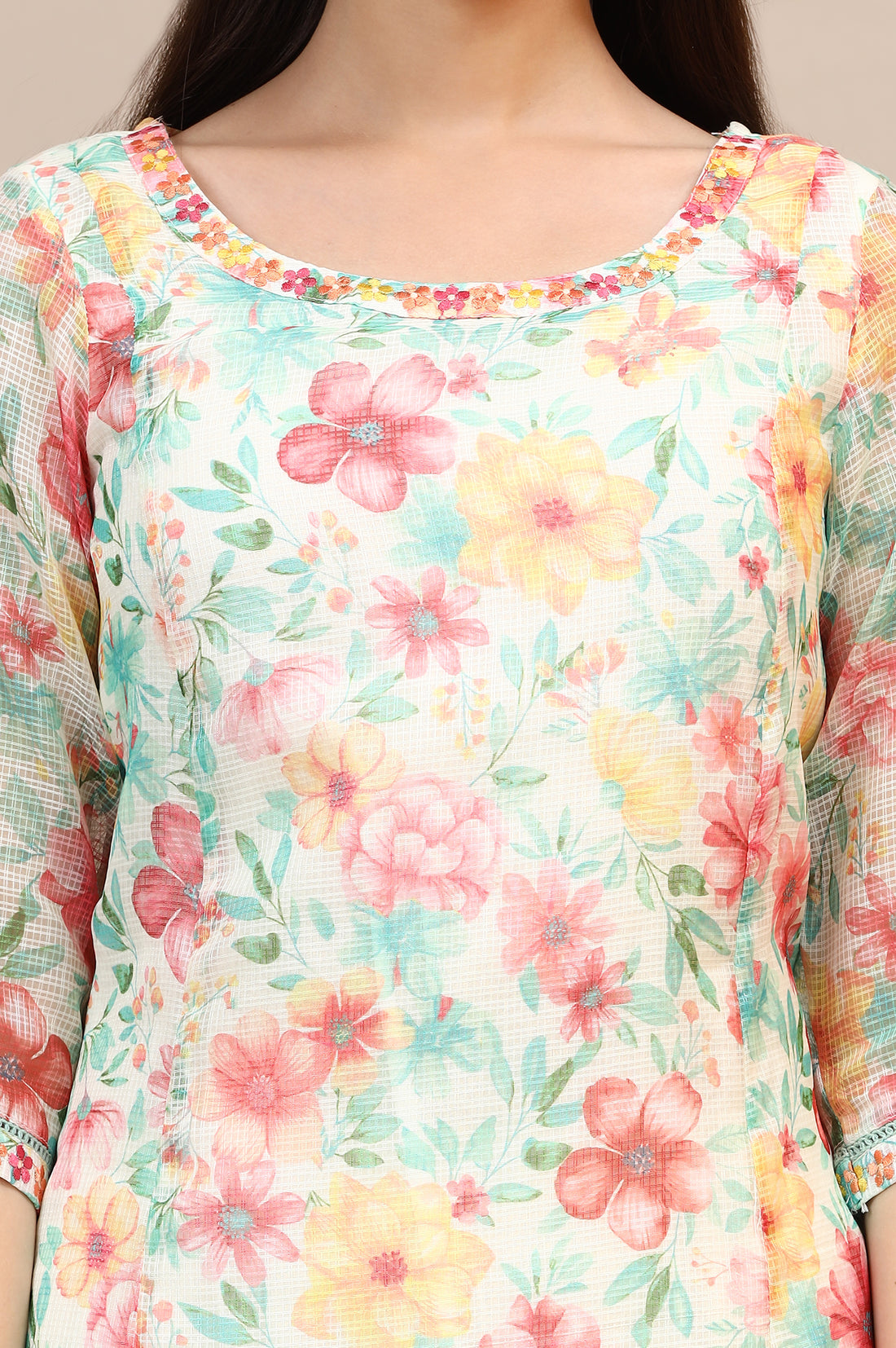 Off-White Floral Printed Kota Anarkali Kurta with Embroidered Neck