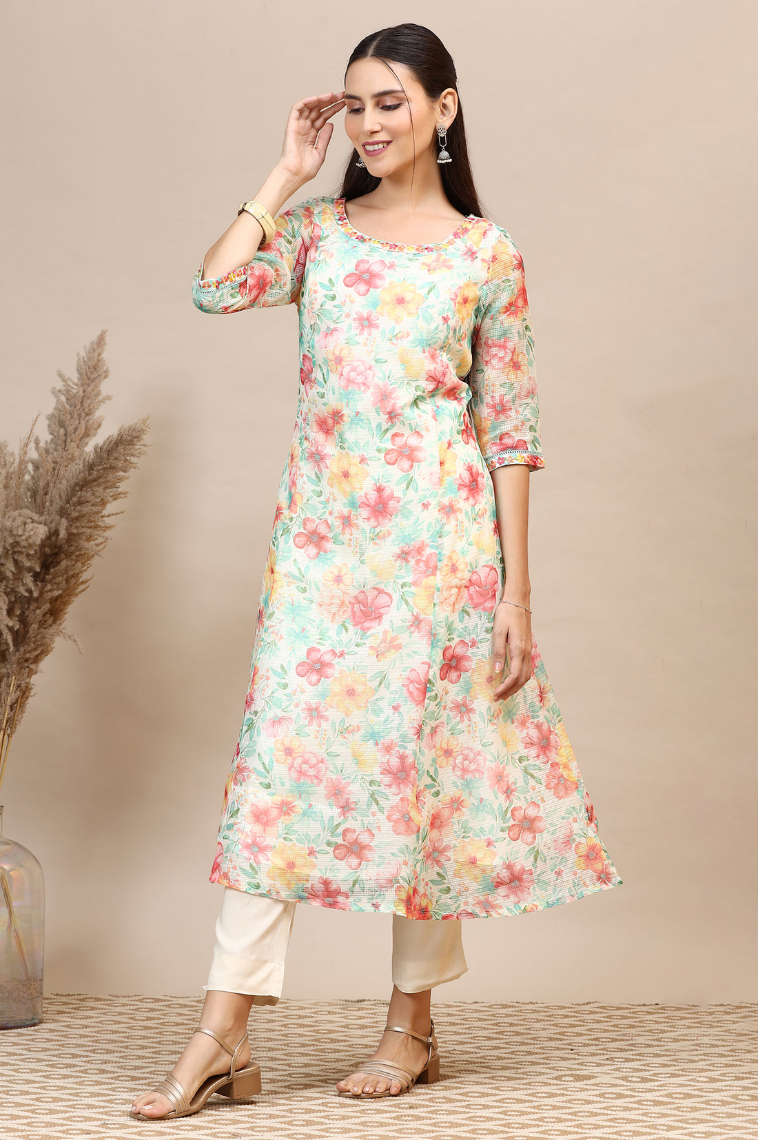 Off-White Floral Printed Kota Anarkali Kurta with Embroidered Neck