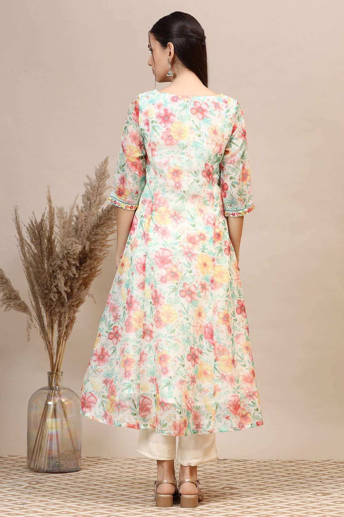 Off-White Floral Printed Kota Anarkali Kurta with Embroidered Neck