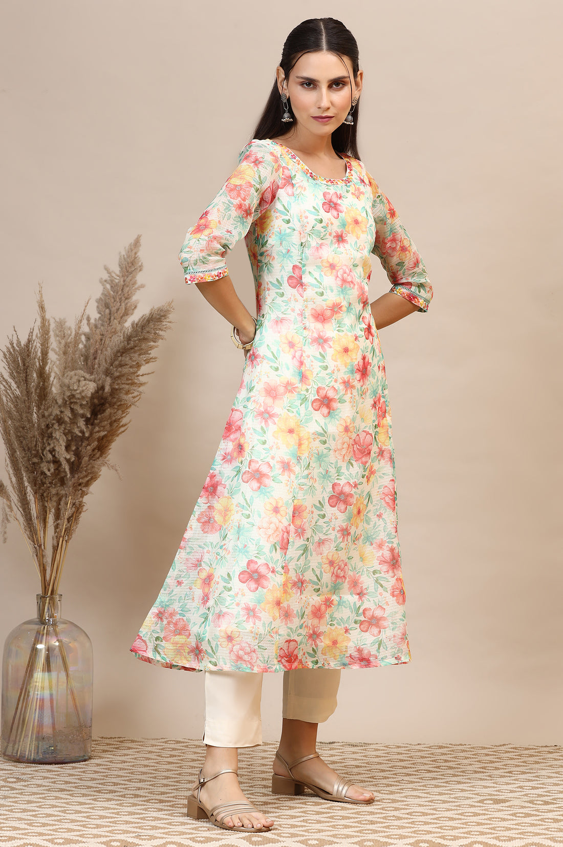 Off-White Floral Printed Kota Anarkali Kurta with Embroidered Neck