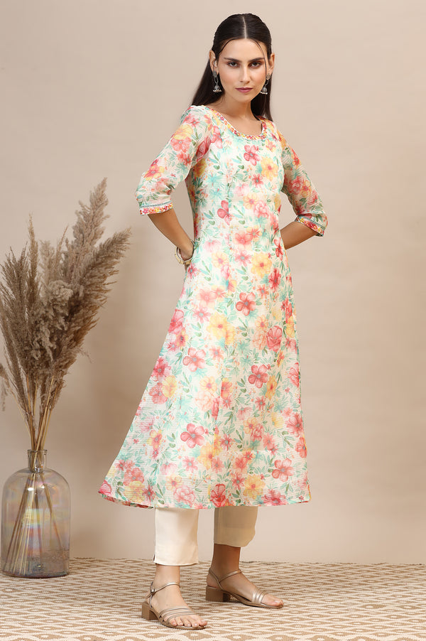 Off-White Floral Printed Kota Anarkali Kurta with Embroidered Neck