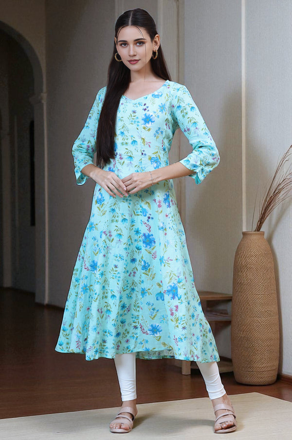 Ice Green Floral Printed Cotton Crepe Anarkali Kurta