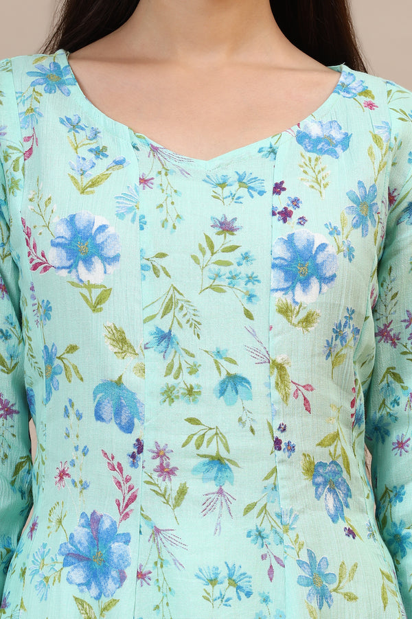 Ice Green Floral Printed Cotton Crepe Anarkali Kurta