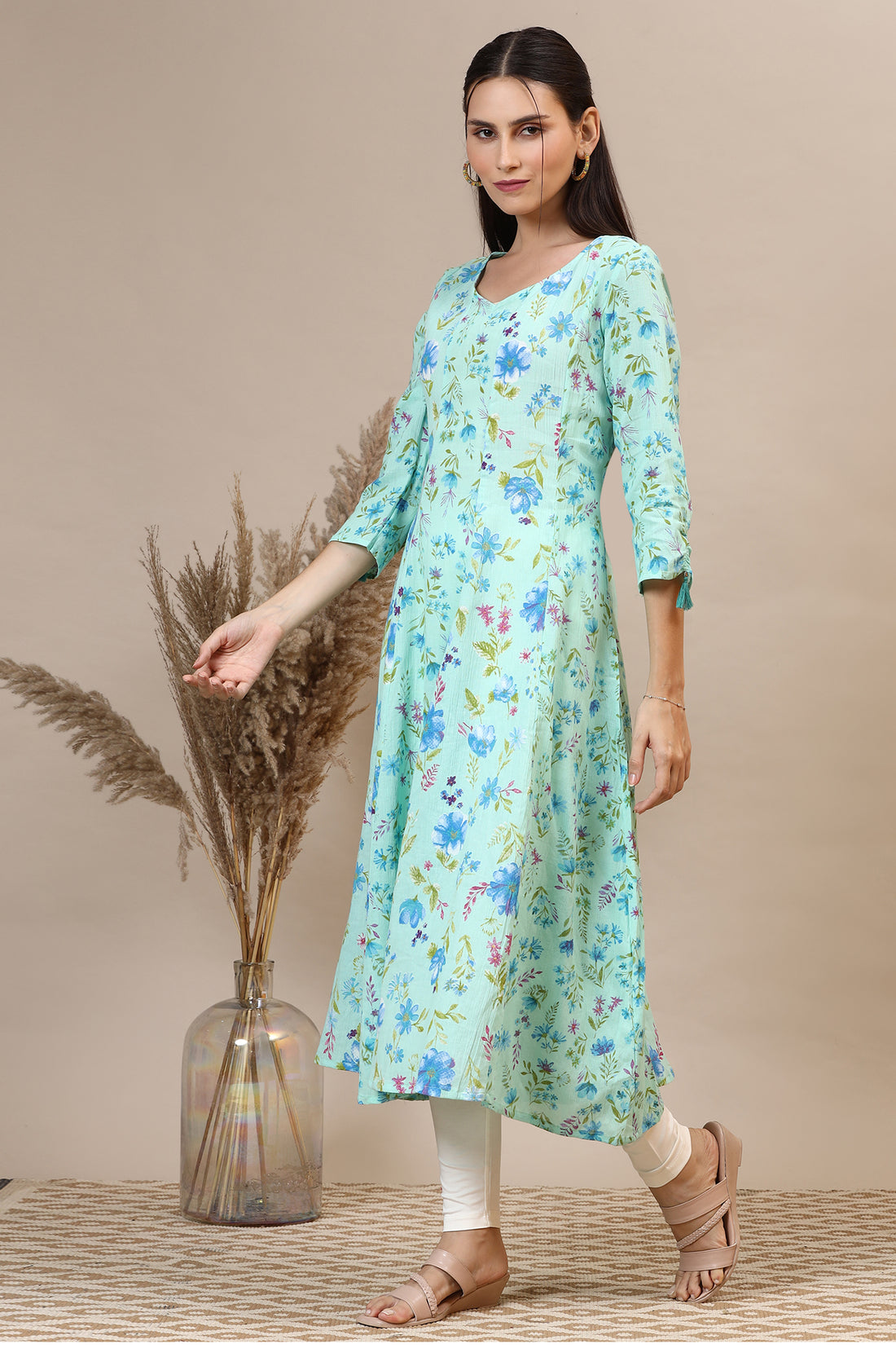 Ice Green Floral Printed Cotton Crepe Anarkali Kurta