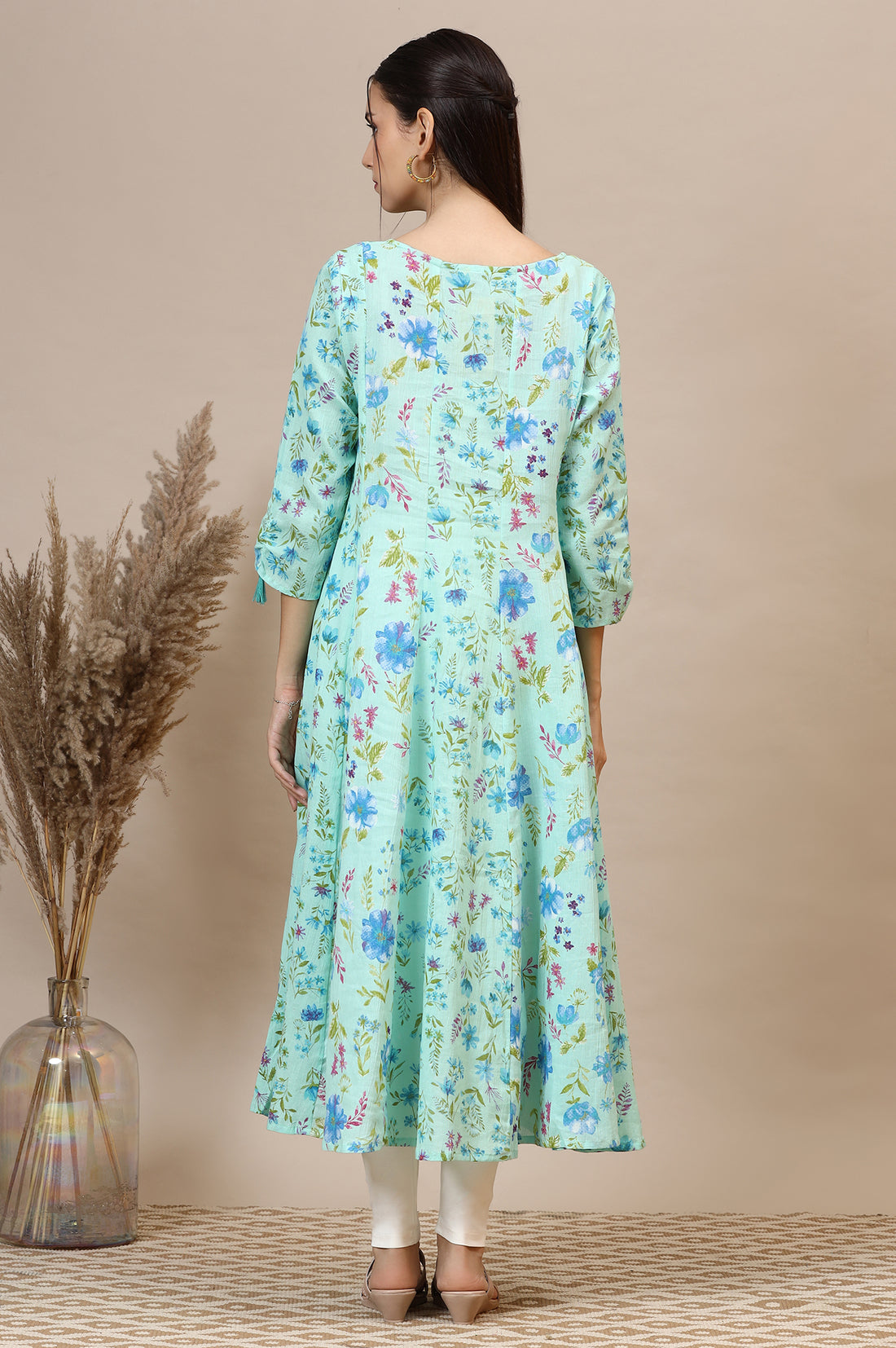 Ice Green Floral Printed Cotton Crepe Anarkali Kurta
