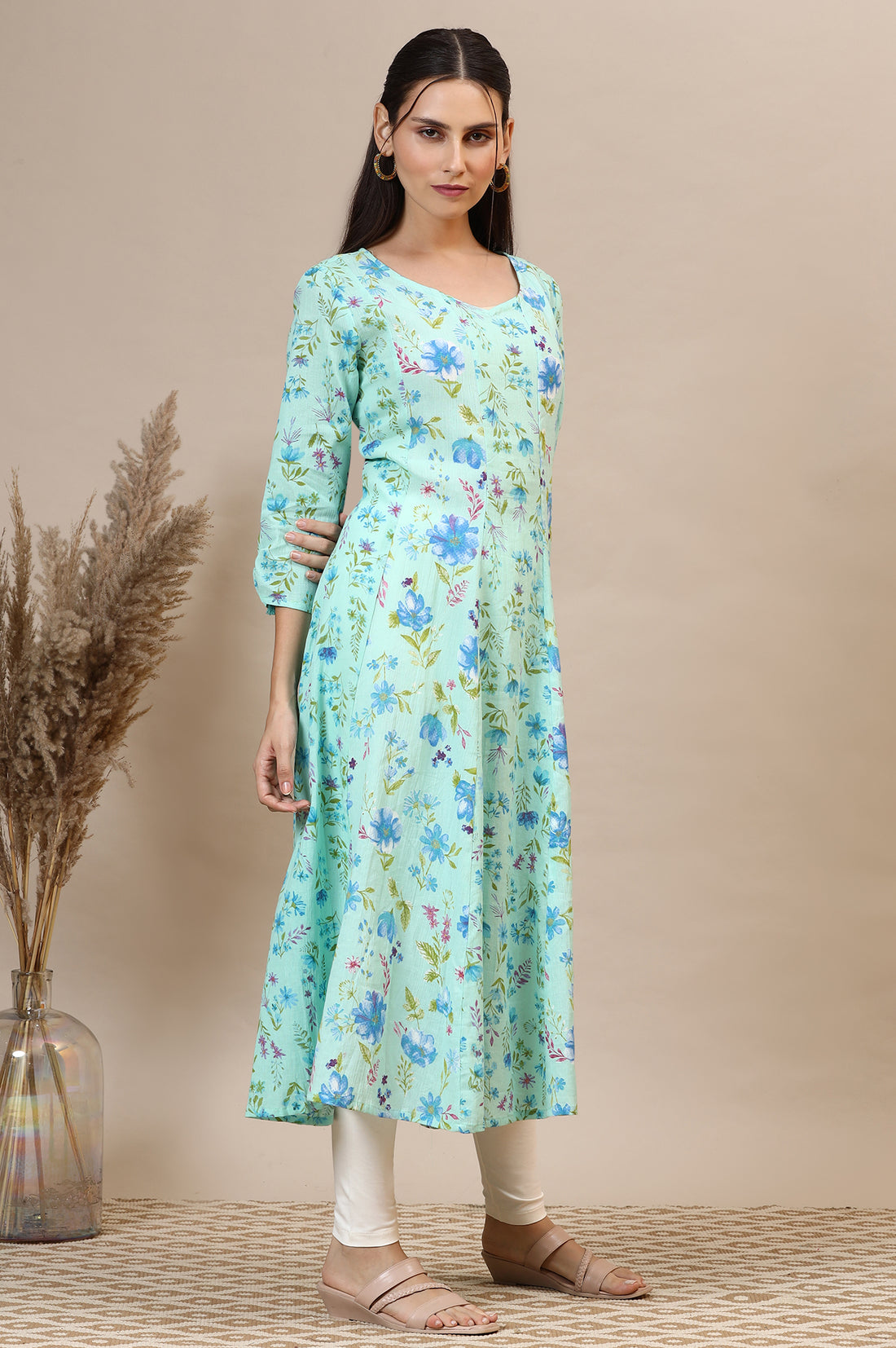 Ice Green Floral Printed Cotton Crepe Anarkali Kurta