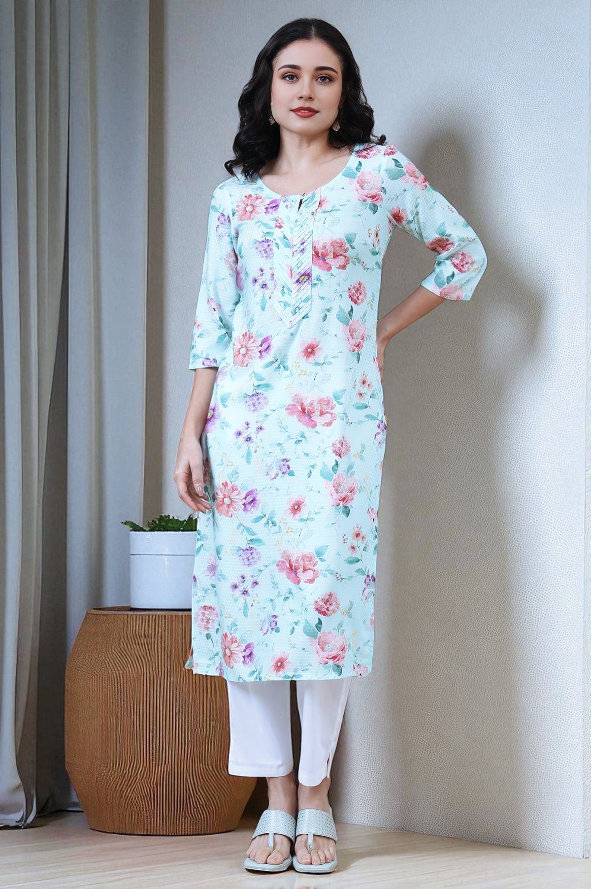 Bermuda Blue Digital Floral Printed Rayon Straight Kurta - XS