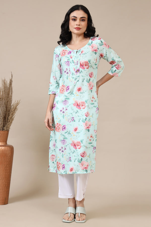 Bermuda Blue Digital Floral Printed Rayon Straight Kurta