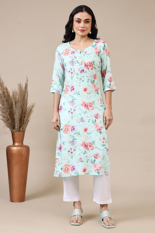 Bermuda Blue Digital Floral Printed Rayon Straight Kurta