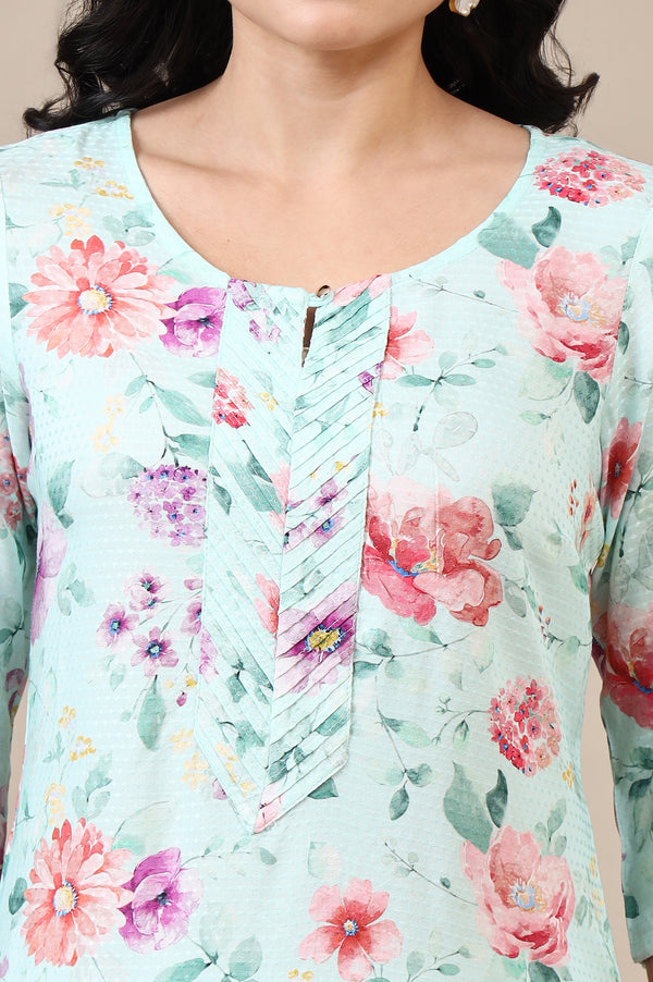 Bermuda Blue Digital Floral Printed Rayon Straight Kurta