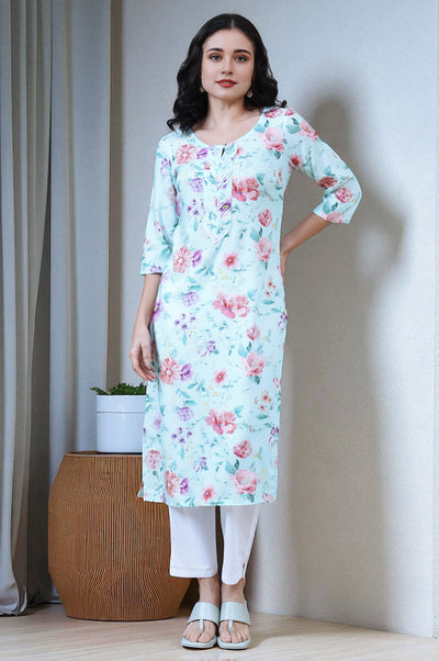 Bermuda Blue Digital Floral Printed Rayon Straight Kurta
