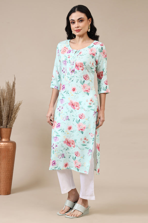 Bermuda Blue Digital Floral Printed Rayon Straight Kurta