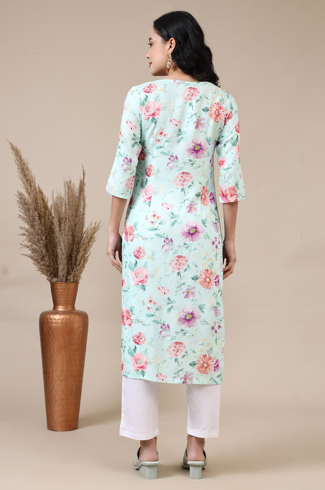 Bermuda Blue Digital Floral Printed Rayon Straight Kurta