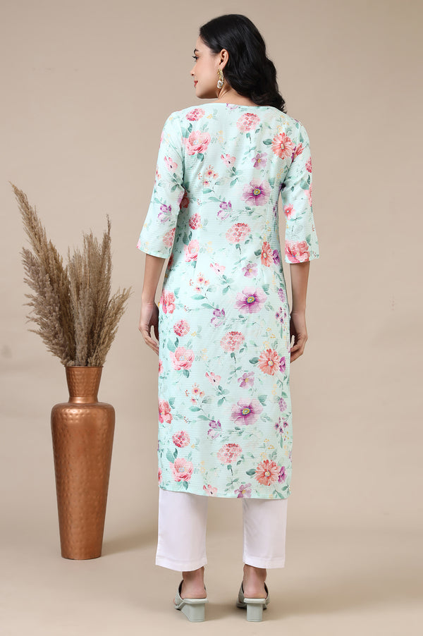 Bermuda Blue Digital Floral Printed Rayon Straight Kurta