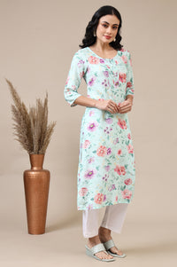 Bermuda Blue Digital Floral Printed Rayon Straight Kurta