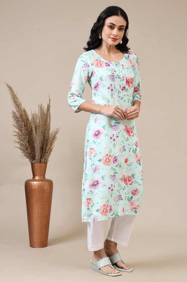 Bermuda Blue Digital Floral Printed Rayon Straight Kurta