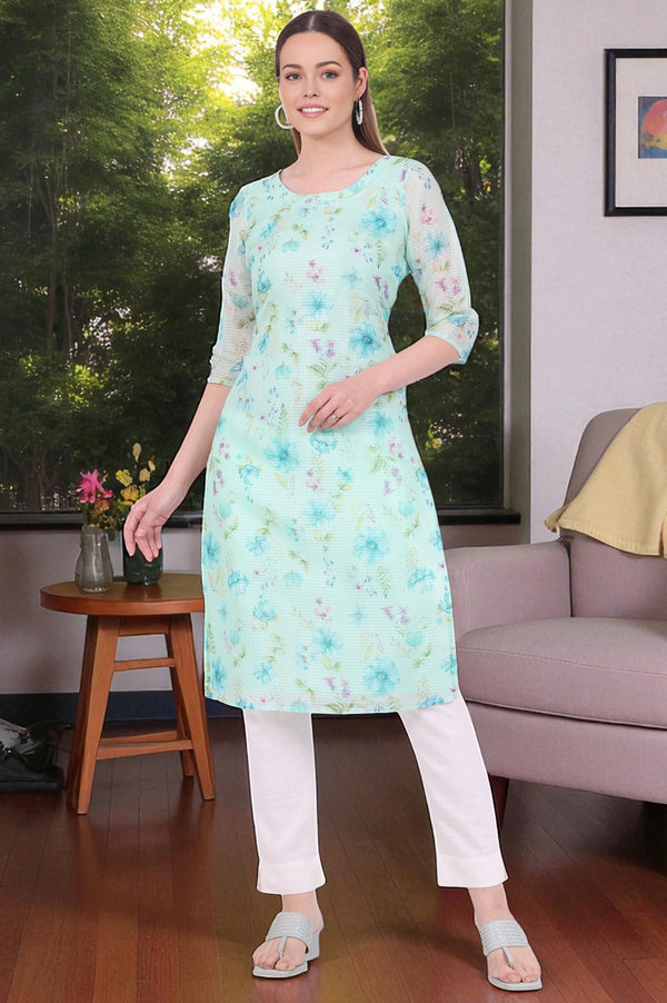 Green Printed Straight Kota Kurta