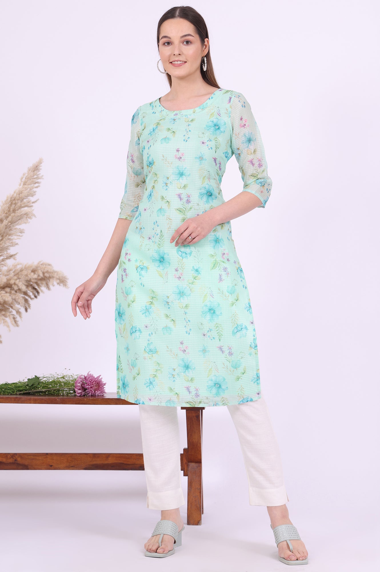 Green Printed Straight Kota Kurta