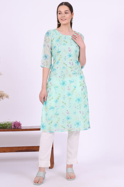 Green Printed Straight Kota Kurta