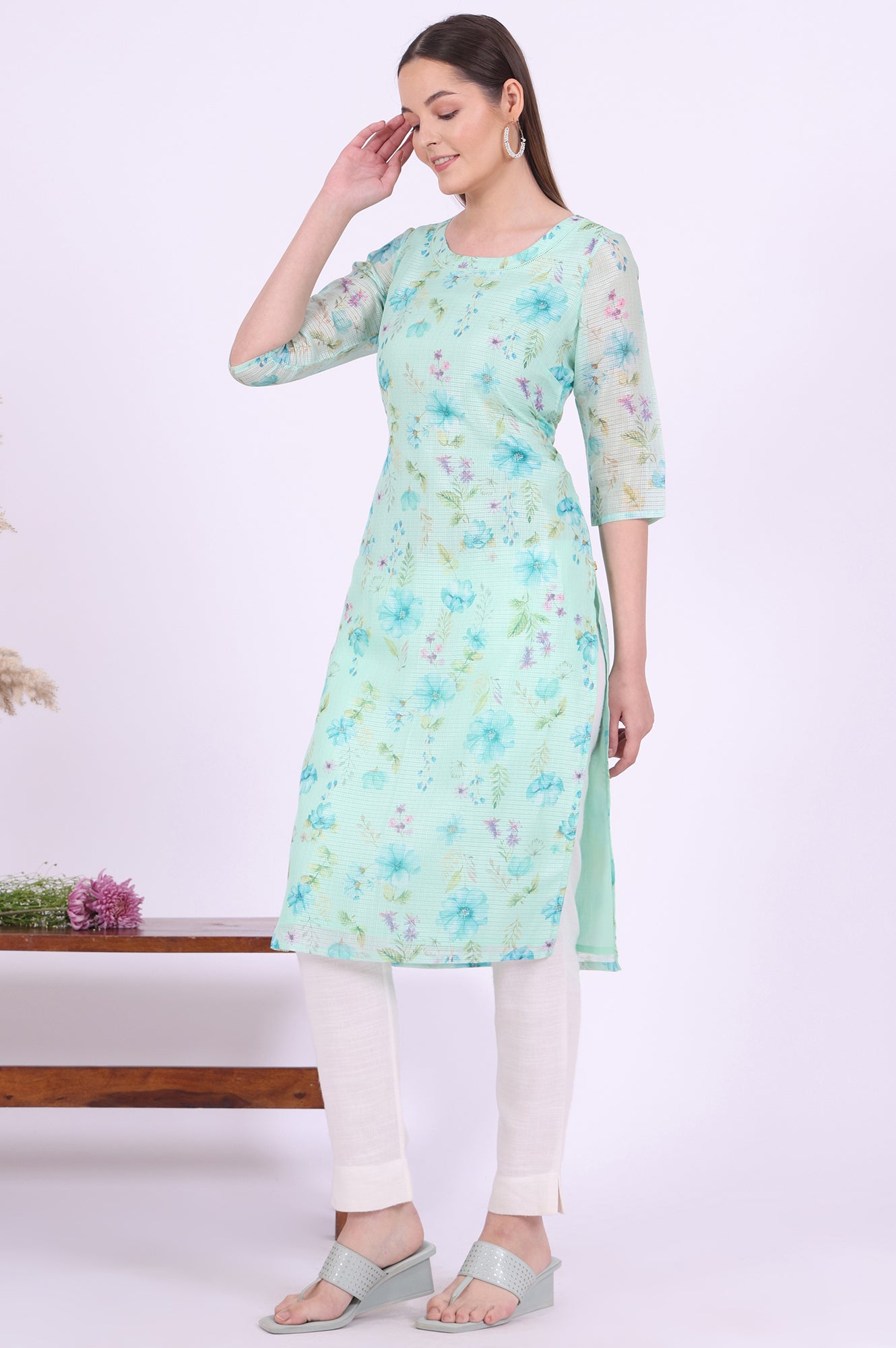 Green Printed Straight Kota Kurta