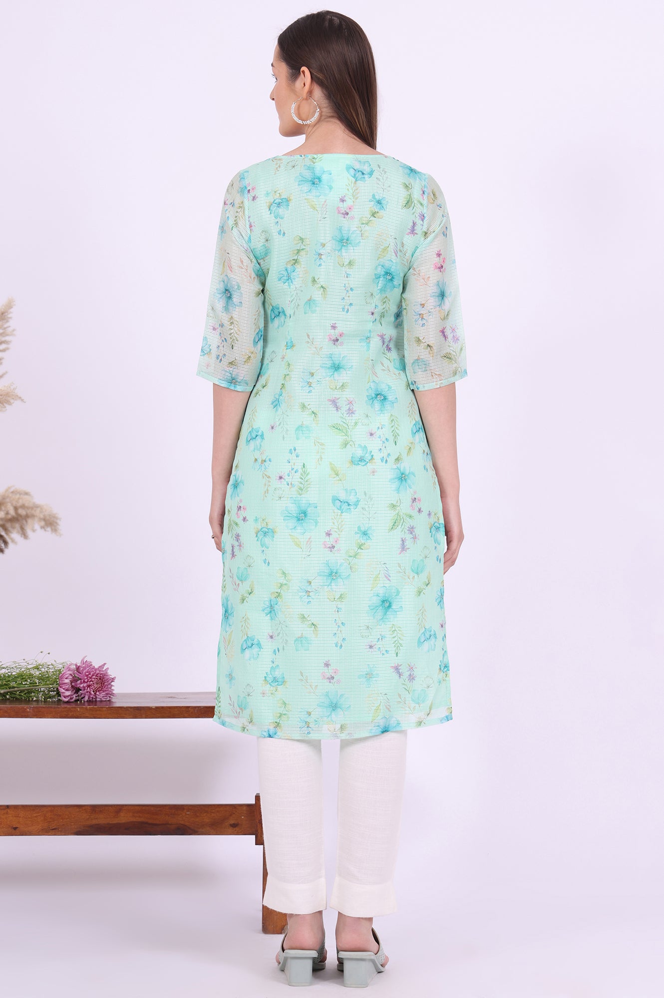 Green Printed Straight Kota Kurta