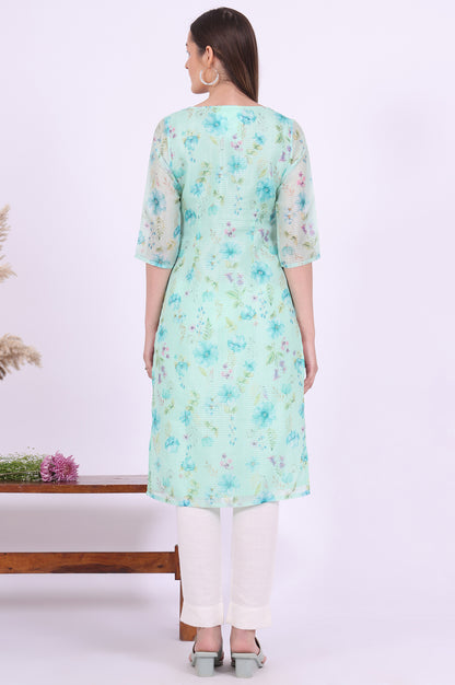 Green Printed Straight Kota Kurta