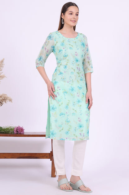 Green Printed Straight Kota Kurta