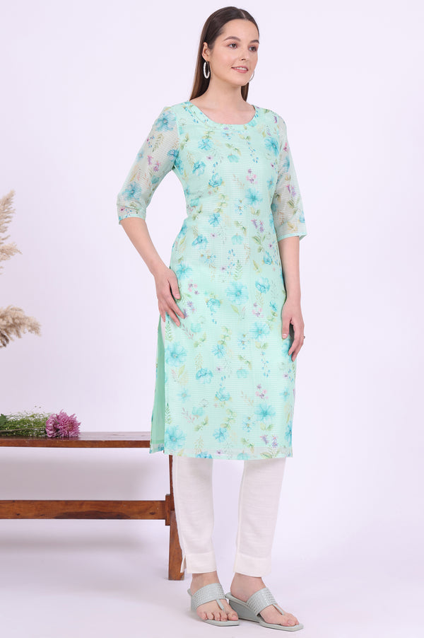 Green Printed Straight Kota Kurta