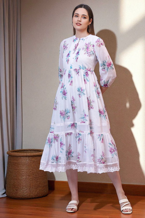 Purple Floral Printed Chiffon Tiered Flared Dress