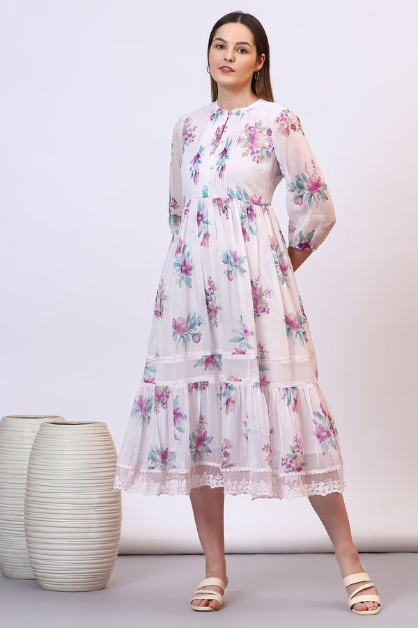 Purple Floral Printed Chiffon Tiered Flared Dress