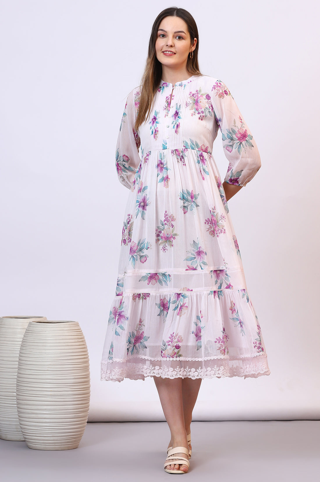 Purple Floral Printed Chiffon Tiered Flared Dress