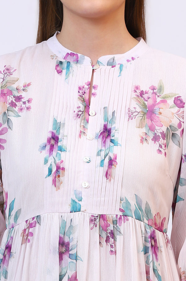 Purple Floral Printed Chiffon Tiered Flared Dress