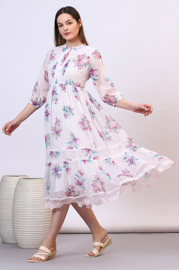 Purple Floral Printed Chiffon Tiered Flared Dress