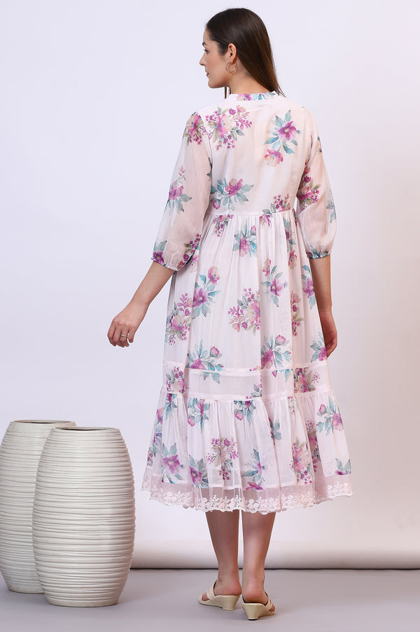 Purple Floral Printed Chiffon Tiered Flared Dress