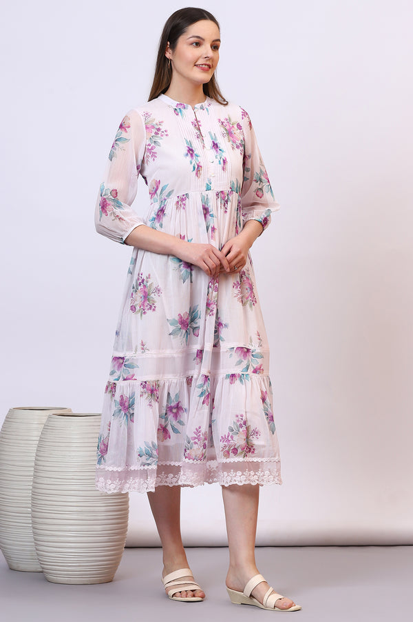 Purple Floral Printed Chiffon Tiered Flared Dress