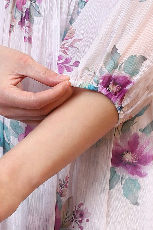 Purple Floral Printed Chiffon Tiered Flared Dress