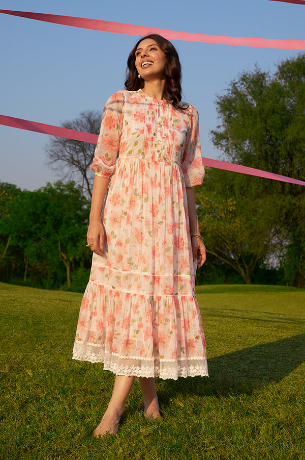 Orange Digital Floral Printed Tiered Chiffon Dress