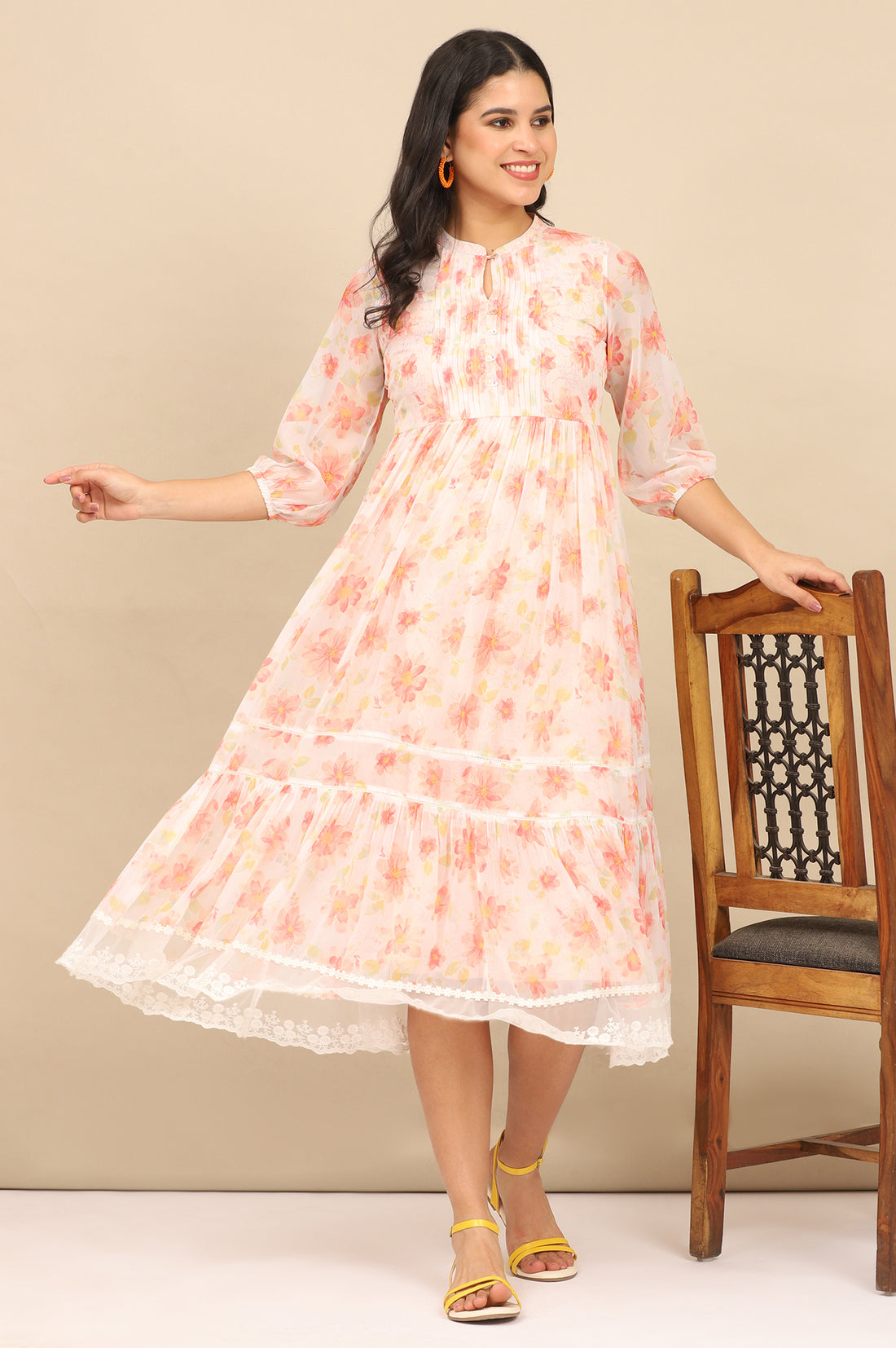 Orange Digital Floral Printed Tiered Chiffon Dress