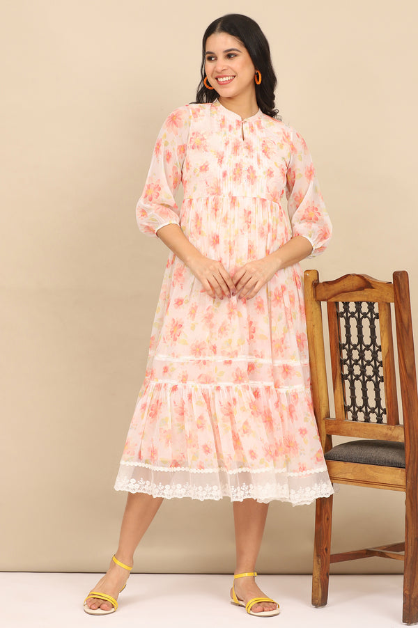 Orange Digital Floral Printed Tiered Chiffon Dress