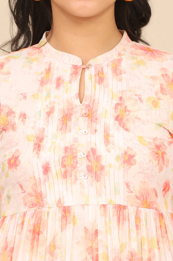 Orange Digital Floral Printed Tiered Chiffon Dress