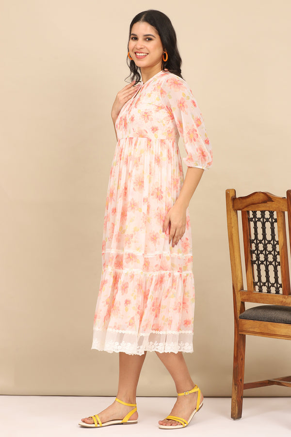 Orange Digital Floral Printed Tiered Chiffon Dress