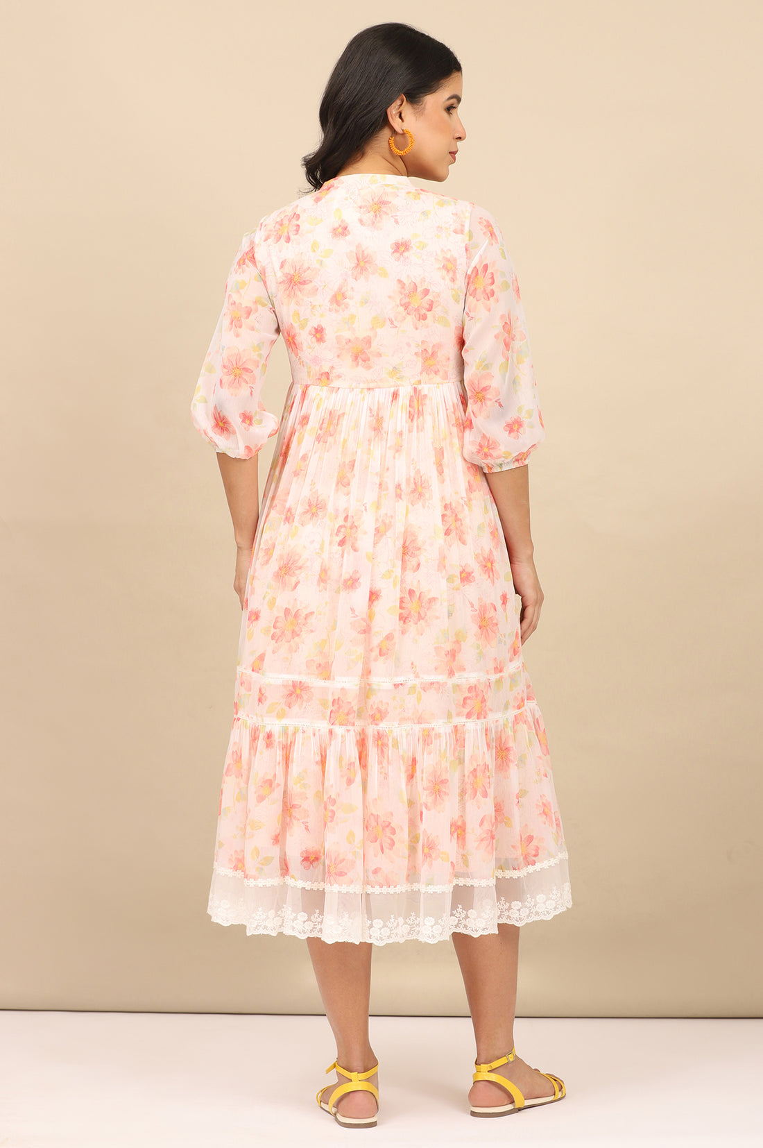 Orange Digital Floral Printed Tiered Chiffon Dress